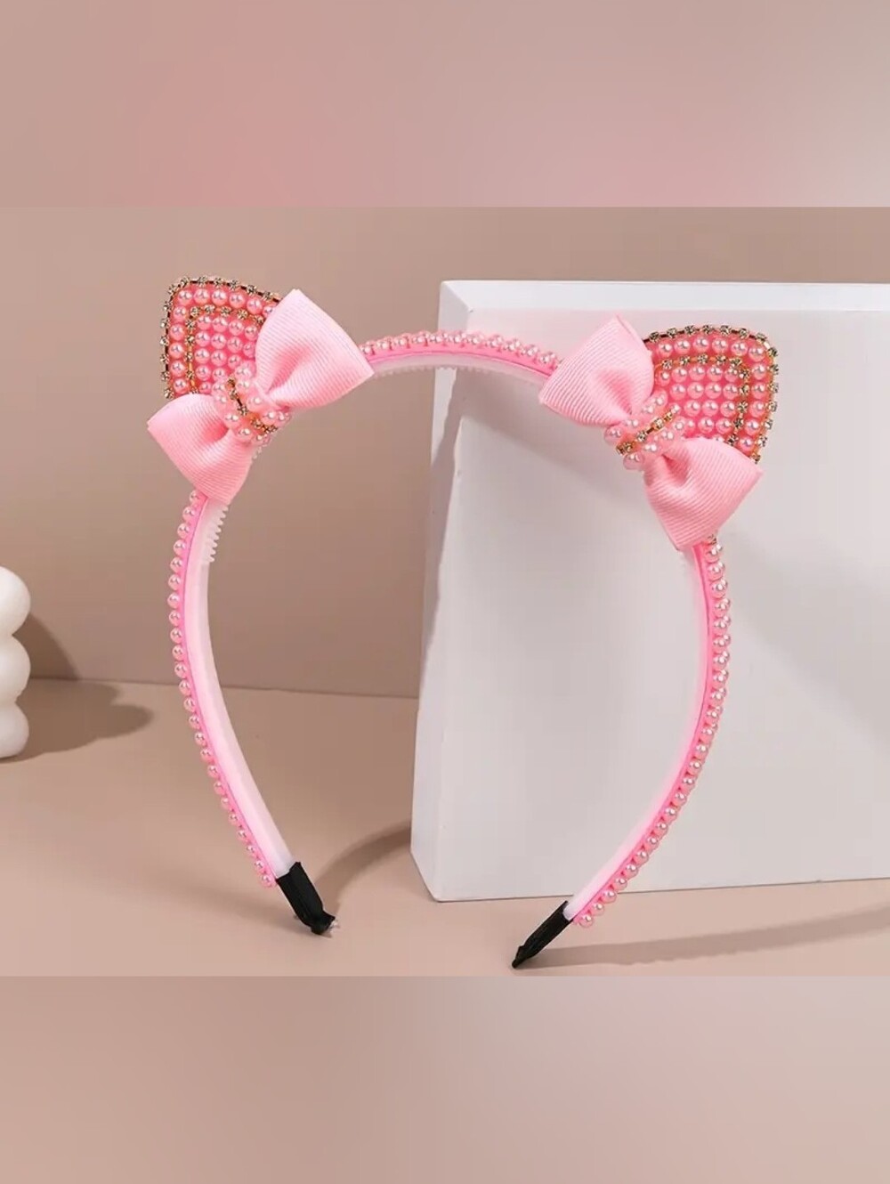 Pink Pearl Bow Cat-Ear Headband